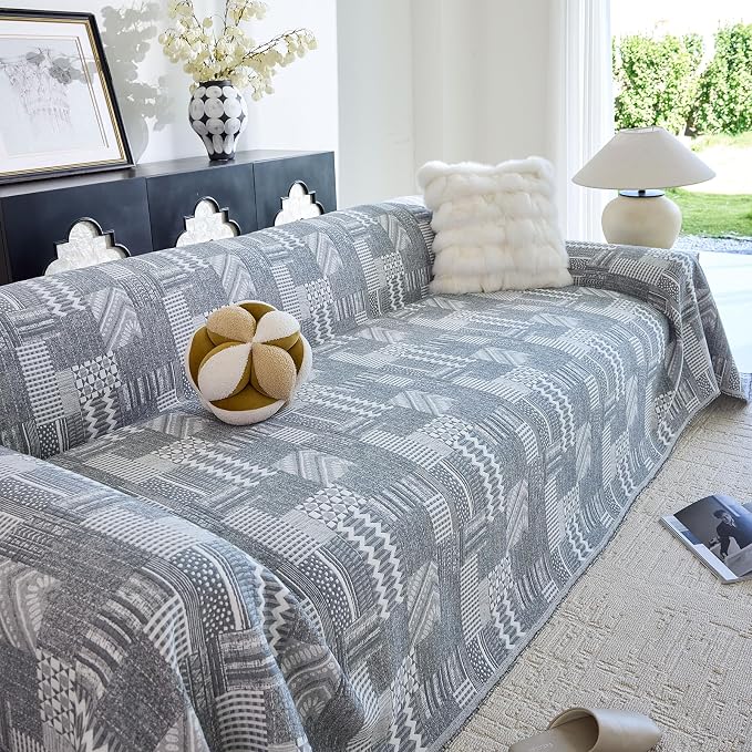 DREAMINGO Vintage Patchwork 3-Layer Gauze Geometric Jacquard Sofa Cover, Farmhouse Couch Cover Blanket for 3 Seater, Living Room Washable Furniture Protector, Dark Grey, 91"x150" - Image 2