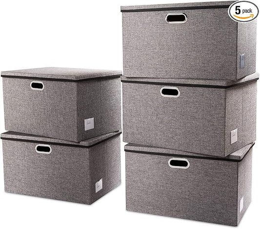 PRANDOM Extra Large Collapsible Storage Bins with Lids [5-Pack] Linen Fabric Foldable Storage Baskets Boxes Organizer Containers Cube with Cover for Bedroom Closet Office Nursery (22.8x15.75x13.8) by Prandom