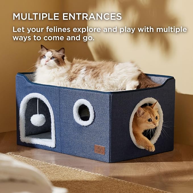Bedsure Extra Wide Cat House Bed with Fluffy Ball and Scratch Pad,Blue | 23.6x16.9x13 in,Indoor Cat Cave for Multiple Pets, Foldable Cat Hideway Cube for Sleeping Large Cat and Kitten - Image 2