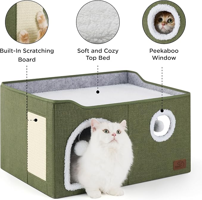Bedsure Extra Wide Cat House Bed with Fluffy Ball and Scratch Pad | Loden Green,23.6x16.9x13 in,Indoor Cat Cave for Multiple Pets, Foldable Cat Hideway Cube for Sleeping Large Cat and Kitten - Image 5