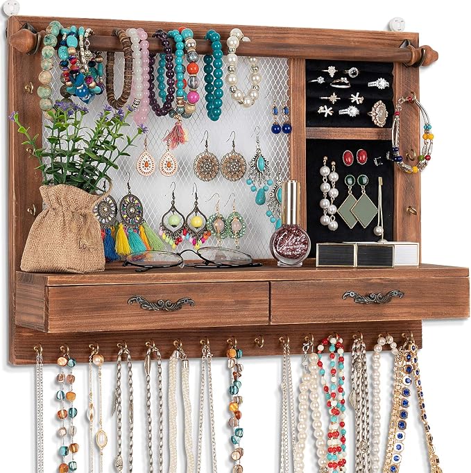 Jewelry Wall Organizer Wall Mounted | Jewelry Hanger Display Rack with Drawers for Earring/Stud/Ring/Necklace/Bracelets Accessories Bangles Holder Girls Gift by Dhmkfly