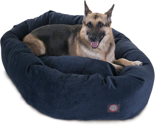Majestic Pet 52 Inch Micro Velvet Calming Dog Bed Washable – Cozy Soft Round Dog Bed with Spine for Head Support - Fluffy Donut Puppy Mat 52x35x11 (inch) X- Large – Navy (2025) by MajesticPet