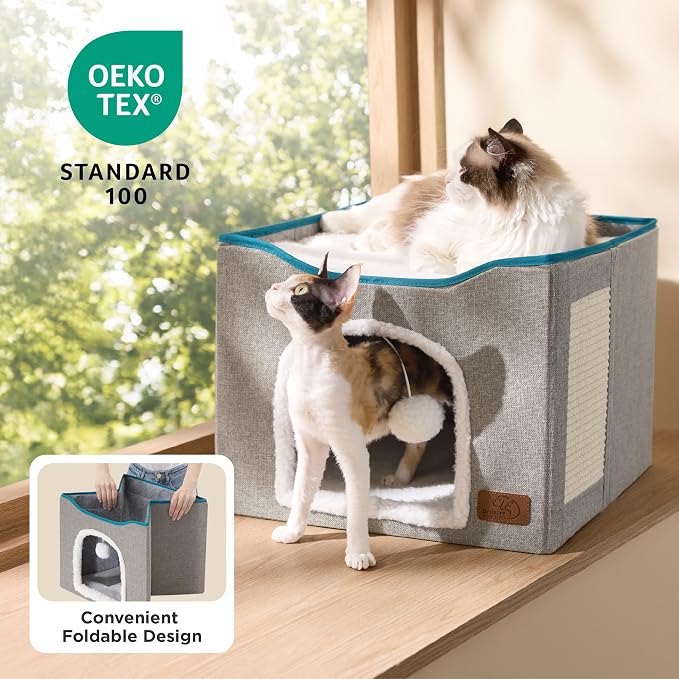 Bedsure Cat House Bed for Indoor Cats with Fluffy Ball and Scratch Pad,Grey | 16.5x16.5x13 in,Large Cat Cave for Multiple Pets,Foldable Cat Hideway Cube for Sleeping Kitten - Image 3
