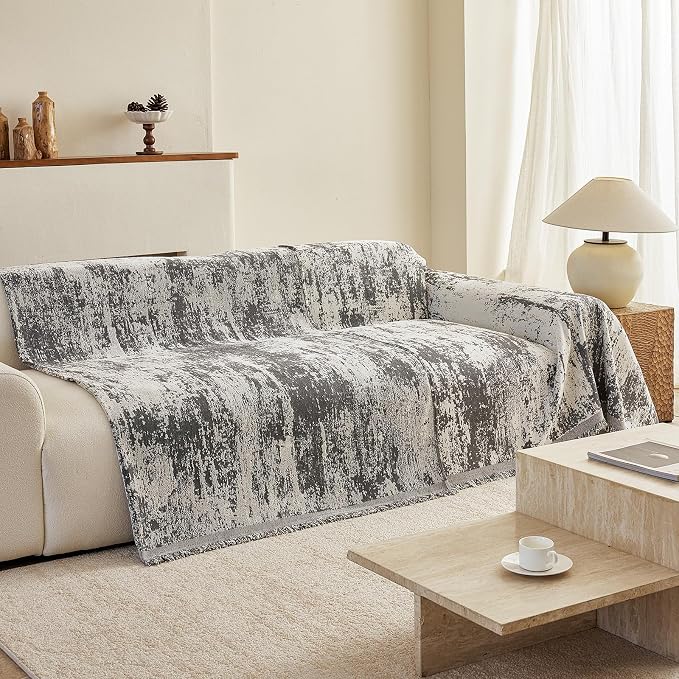 VClife Boho Couch Cover, Non Slip Soft Couch Covers for 3-4 Cushion Couch Sofa Pet Friendly, Irregular Vintage Grey Off-White Scraped Texture Furniture Protector Sofa Slipcover for Dog, 71" X 150" - Image 7