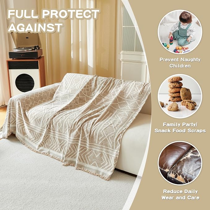 MEETSKY Boho Couch Cover Sofa Covers, Chenille Geometric Khaki Couch Covers for 2 Cushion Couch Sofa for Dogs, Washable Slipcover for Cat Sofa Protector with Tassels,71" x 118" - Image 4