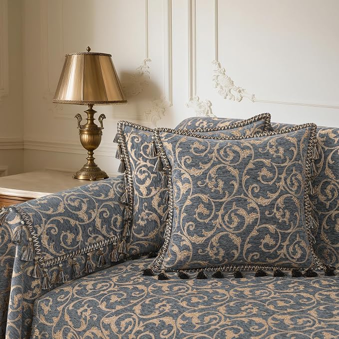 Loom and Mill Chenille Jacquard Sofa Covers, Blue-Grey+Khaki, 71"x118" | Elegant Acanthus Sofa Throw Cover with Tassels for 2-3 Cushion Couch, Sectional Couch Cover Sofa Slipcover for Dogs Pets - Image 5