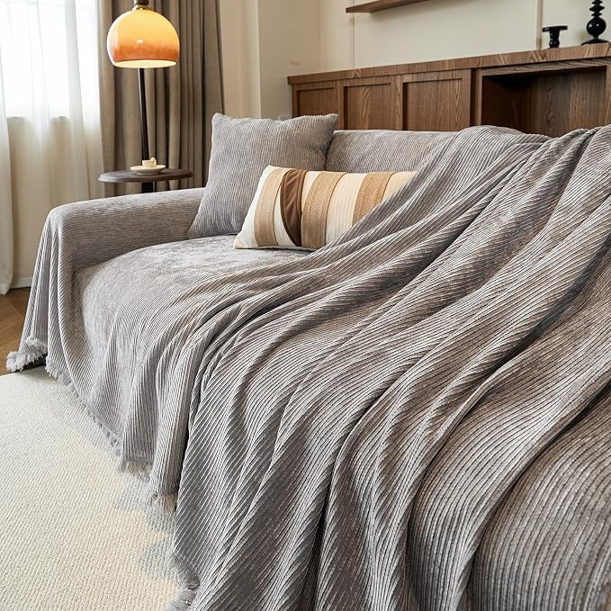 Gray Boho Couch Covers for Sofa Washable for 2 Cushion Couch,71''X118'' | Chenille Furniture Protector Sofa Couch Cover for Dogs, Soft Breathable Sofa Slipcover, Couch Throw Blankets with Tassels - Image 5