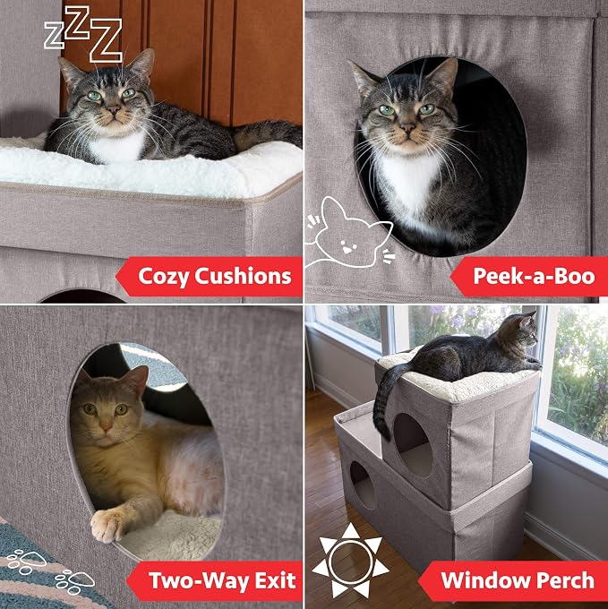 Kitty City Large Stackable Cat Condo & Cube House, Modular Indoor Cat Furniture with Plush Washable Beds, Collapsible Cat Cave & Lounging Ottoman, Tan - Image 10