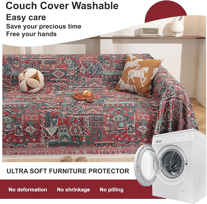 ROOMLIFE Aztec Boho Couch Cover Blanket Sofa Covers for Loveseat 2/3 Cushion Couches, Pet-Friendly Washable Anti-Slip Sofa Slipcovers Furniture Protector with Tassels,Farmhouse Home Decor 71'' X134'' - Image 4