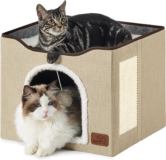 Bedsure Cat House Bed for Indoor Cats with Fluffy Ball and Scratch Pad | Brown,16.5x16.5x13 in,Large Cat Cave for Multiple Pets,Foldable Cat Hideway Cube for Sleeping Kitten by Unknown