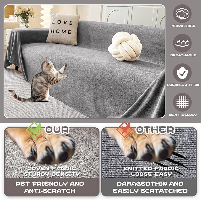 MYSKY HOME Couch Cover for Dogs Non-Slip Couch Cover for 2 Cushion Couch Sofa Cover Sofa Slipcovers for Dogs, Sofa Covers Washable Soft Thick Furniture Protector, 71" x 102", Grey - Image 2