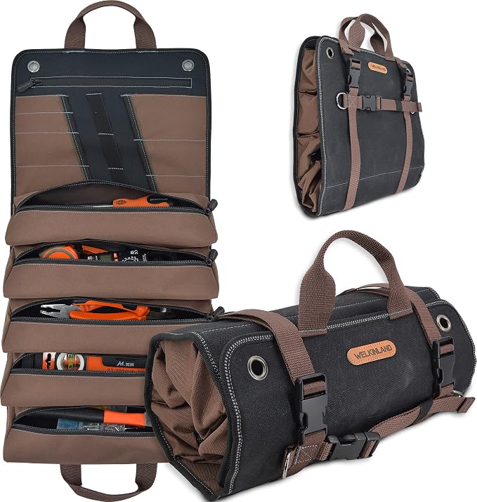 WELKINLAND Heavy-Duty Waxed Canvas Tool roll, 15-Pockets Tool Wrap Roll, 15L Tool Up Roll Bags, Tool Bag Roll, Tool roll organizer, Roll up tool bag organizer by WELKINLAND