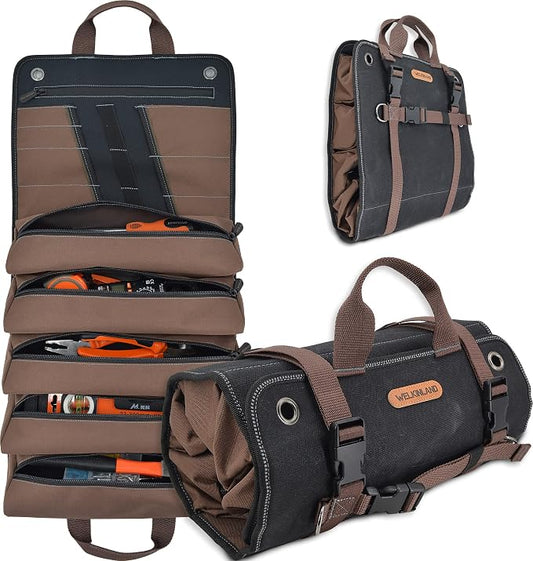 WELKINLAND Heavy-Duty Waxed Canvas Tool roll, 15-Pockets Tool Wrap Roll, 15L Tool Up Roll Bags, Tool Bag Roll, Tool roll organizer, Roll up tool bag organizer by WELKINLAND