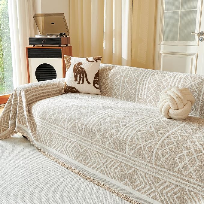 MEETSKY Boho Couch Cover Sofa Covers, Chenille Geometric Khaki Couch Covers for 2 Cushion Couch Sofa for Dogs, Washable Slipcover for Cat Sofa Protector with Tassels,71" x 118" by MEETSKY