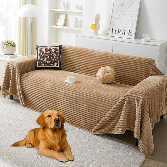 HAOMAIJIA Faux Fur Sofa Covers Couch Covers for 2 Cushion Couch Sofa Pet Friendly Soft Non Slip Couch Cover for Dogs Washable Sectional Couch Covers L Shape Furniture Protector (Khaki, 91"x118") by HAOMAIJIA