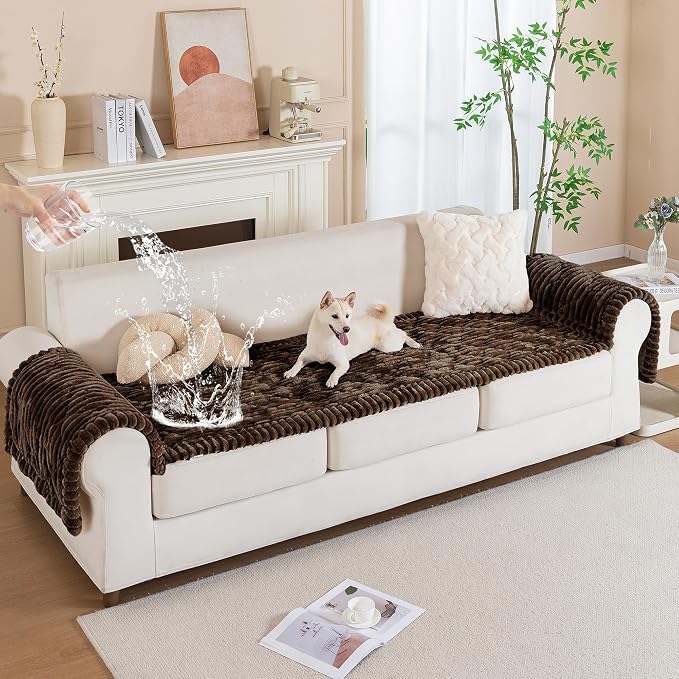 PuTian 100% Waterproof Fuzzy Couch Cover for Dogs Brown 27.6"x27.6" | Pet Friendly Dog Mat for Couch, Waterproof Sofa Protector, Scratch Resistant Furniture Cover for Dogs, Machine Washable - Image 2