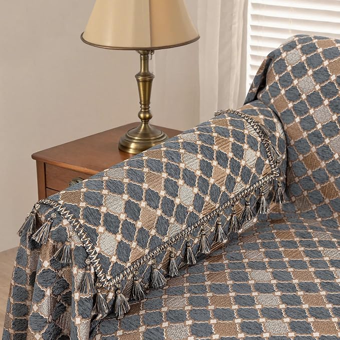 Loom and Mill Chenille Sofa Arm Covers 2 PCS, Blue-Grey+Khaki+Beige,20x24in | Elegant Checkered Jacquard Couch Armrest Cover with Tassels, Non-Slip Furniture Protector for Chair Sofa Couch Dogs Pets - Image 2