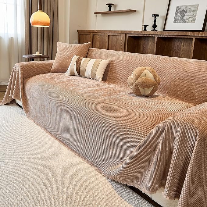 Brown Boho Couch Covers for Sofa Washable for 3 Cushion Couch,71''X134'' | Chenille Furniture Protector Sofa Couch Cover for Dogs, Soft Breathable Sofa Slipcover, Couch Throw Blankets with Tassels - Image 7
