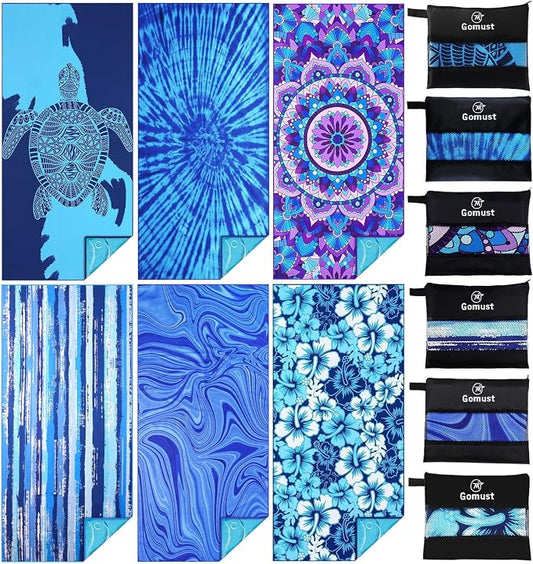 Microfiber Beach Towel Oversized 71x32 Multiple with Bag 6 Pack Bulk | Thin Lightweight Sand Free Absorbent Quick Dry Large for Travel Pool Swim Bath Cruise Sports Camping Essentials Adults Gifts by Gomust