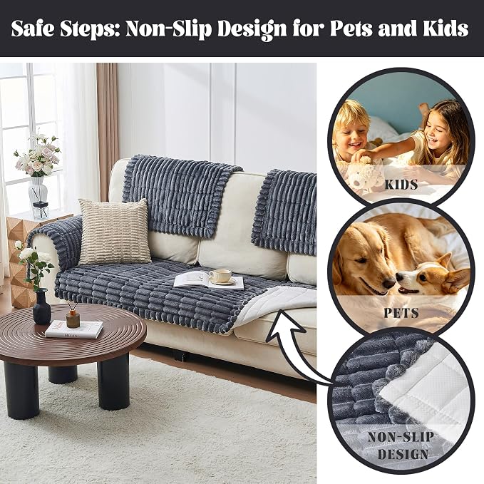 beeweed Couch Covers for Sofa, Couch Covers for Dogs Washable, Non Slip Plush Sofa Slipcovers, Couch Furniture Protector Pet Friendly, Dark Grey, 27.6” x 70.9” - Image 4