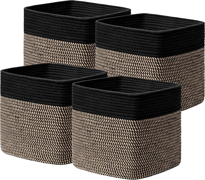 joybest 11inch Cube Storage Bins, Cotton Rope Woven Organizer Basket | Set of 4 Cube Bin Square Shelves Organizer Closet Storage, Nursery, Toy Organization, Black&Dark Brown by joybest