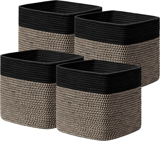 joybest 11inch Cube Storage Bins, Cotton Rope Woven Organizer Basket | Set of 4 Cube Bin Square Shelves Organizer Closet Storage, Nursery, Toy Organization, Black&Dark Brown by joybest