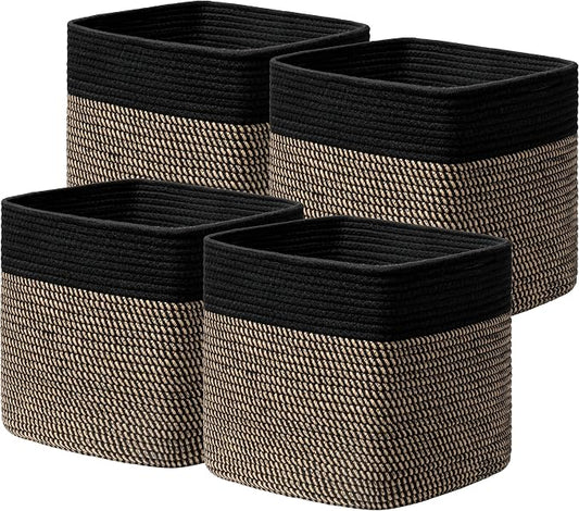 joybest 13inch Cube Storage Bins, Cotton Rope Woven Organizer Basket | Set of 4 Cube Bin Square Shelves Organizer Closet Storage, Nursery, Toy Organization, Black&Dark Brown by joybest