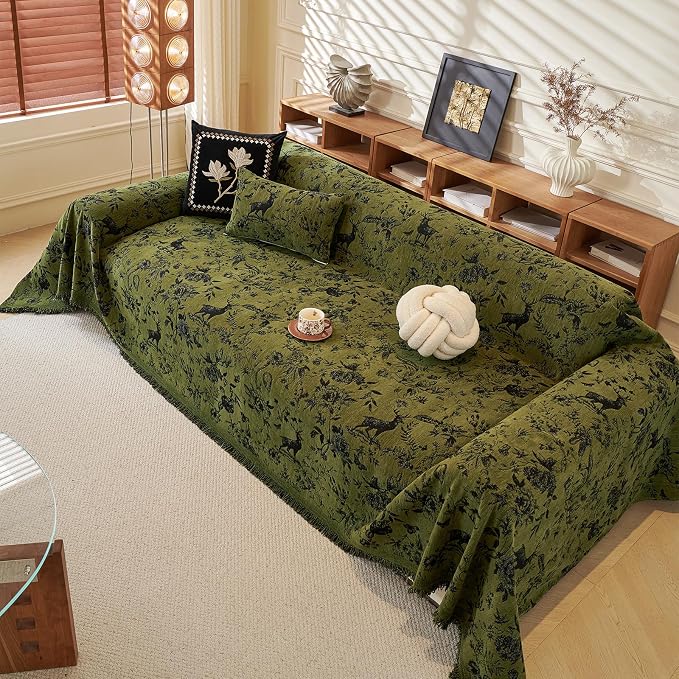 ROOMLIFE Green Couch Cover Sofa Covers, Chenille Couches Covers for 3 Cushion Sofas, Non Slip Soft Breathable Sofa Slipcovers for Pet, Washable Furniture Protector with Tassel,71''X134” - Image 8