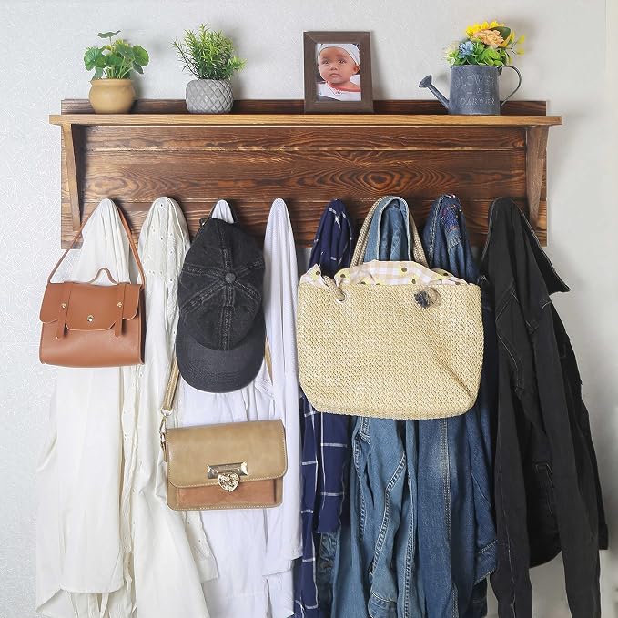 WEBI Coat Rack Wall Mount with Shelf,8 Peg Hooks,34" Long Rustic Entryway Wall Shelf with Hooks Underneath for Hanging Coats,Clothes,Bathroom,Rustic Brown - Image 3