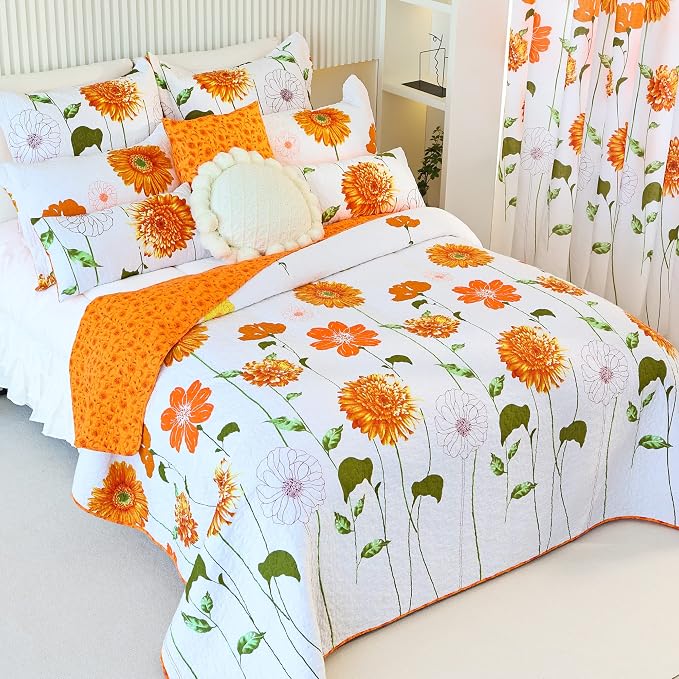EVENHUG 100% Cotton Quilt King Size Orange Sunflower Bedding Set Floral Lightweight Quilt Reversible Coverlet Bedspread with 2 Pillow Shams All Seasons 3 Pieces (106”X96”) - Image 2