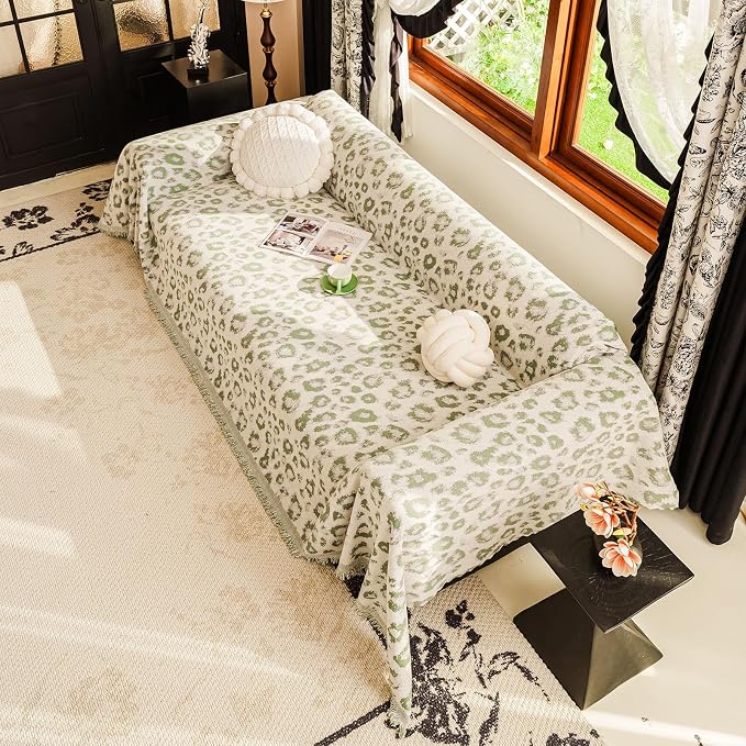 VClife Bohemian Sofa Cover, Cute Animal Leopard Jacquard Fabric Couch Covers for Sectional Sofa, 1 Piece Extra Large Sofa Protector Home Decor Aesthetic Sofa Slipcover for Dog, Green, 71''x134'' - Image 6