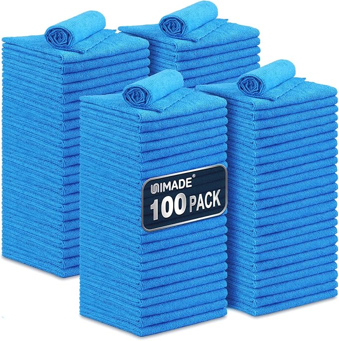 UNIMADE Shop Towels, 100 Pack Commercial Grade Work Rags Microfiber Towels | for Cars Cleaning Rags Bulk Detailing Cloth for Automotive Bar Mechanic Garage Housekeeping, 11.5"x 11.5", Blue by Unimade