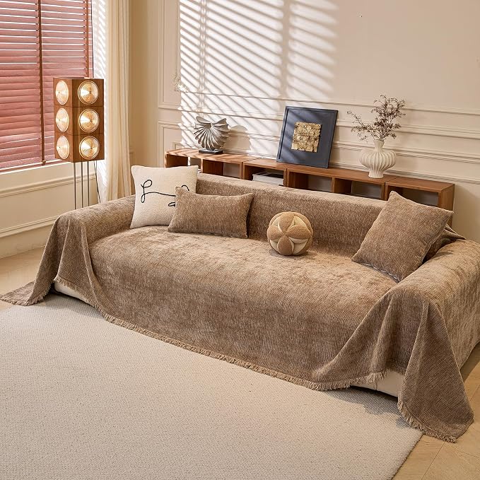 Solid Brown Chenille Sofa Cover for 3-4 Cushion Couch, Tassel Design | Boho Chenille Couch Throw Cover for Cat Proof Multifunctional Anti-slip Furniture Protector for Pets,Sofas, XX-Large - Image 2