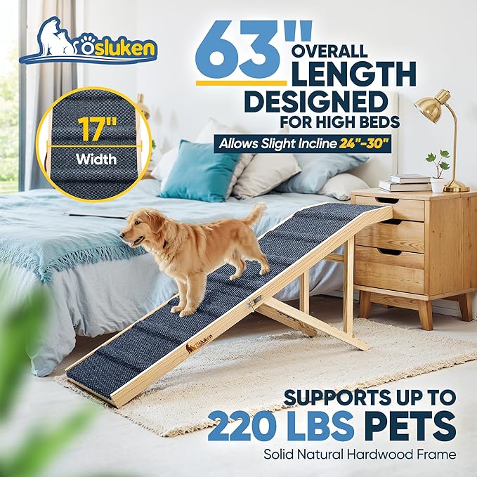 2026 Upgraded Dog Ramp for Bed, 63" Long Foldable Pet Ramp for Small Large Dogs, Dog Ramps for High Beds Car, High Traction with Platform 6 Adjustable Heights 24" to 30" Up to 220LBS, Wood