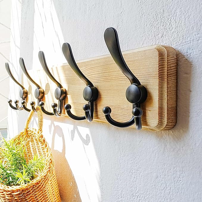 Dseap Coat Rack Wall Mount - Heavy-Duty Robust Rustic Wooden Wall Coat Hanger Hook Rail with 5 Triple Hooks for Winter Jacket & Hat Clothing, Light Brown & Black by Dseap
