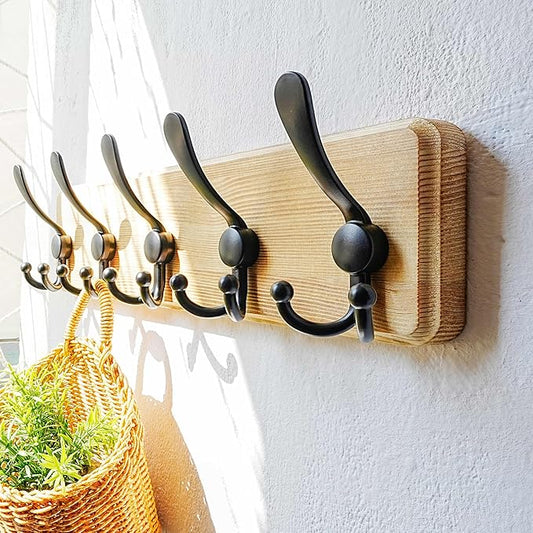 Dseap Coat Rack Wall Mount - Heavy-Duty Robust Rustic Wooden Wall Coat Hanger Hook Rail with 5 Triple Hooks for Winter Jacket & Hat Clothing, Light Brown & Black by Dseap