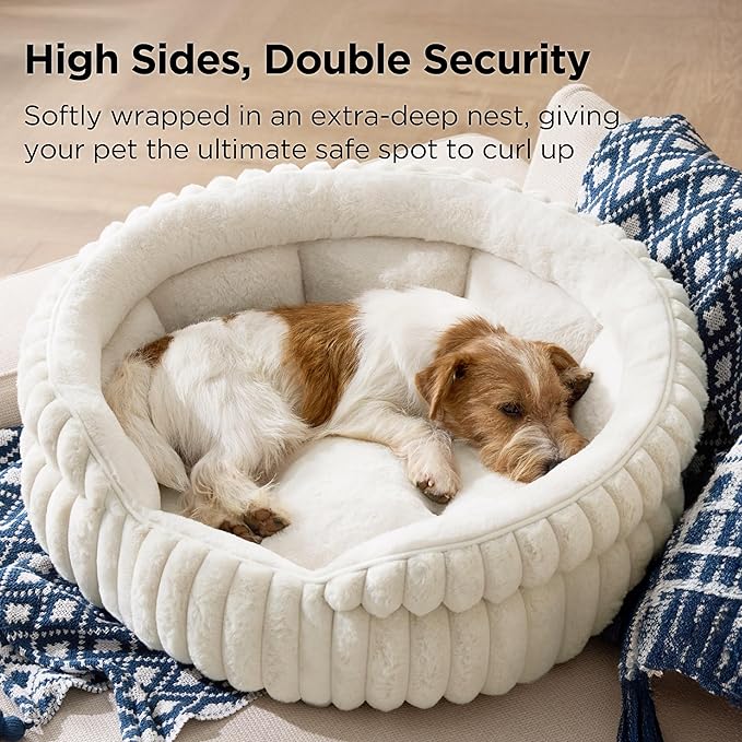 Bedsure ComfyFleece™ Washable Cute Small Medium Dog Bed,Round Pet Bed,26in | Cozy Donut Soft Fluffy Plush,Comfort Corduroy Cuddler Pet Beds,Luxury Aesthetic,Anti-Slip Bottom,Up to 30 Lbs,Cream - Image 2