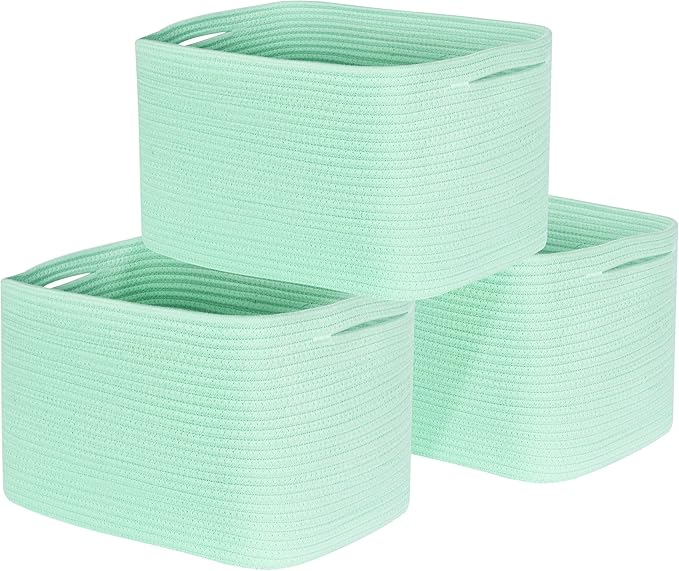 MINTWOOD Design 3-Pack Decorative Woven Storage Baskets for Shelves, Cube Bin Box for Organizing Books, Shoes, Dog Toys, Pantry Closet and Living Room Organizer, Mint by MINTWOODDesign