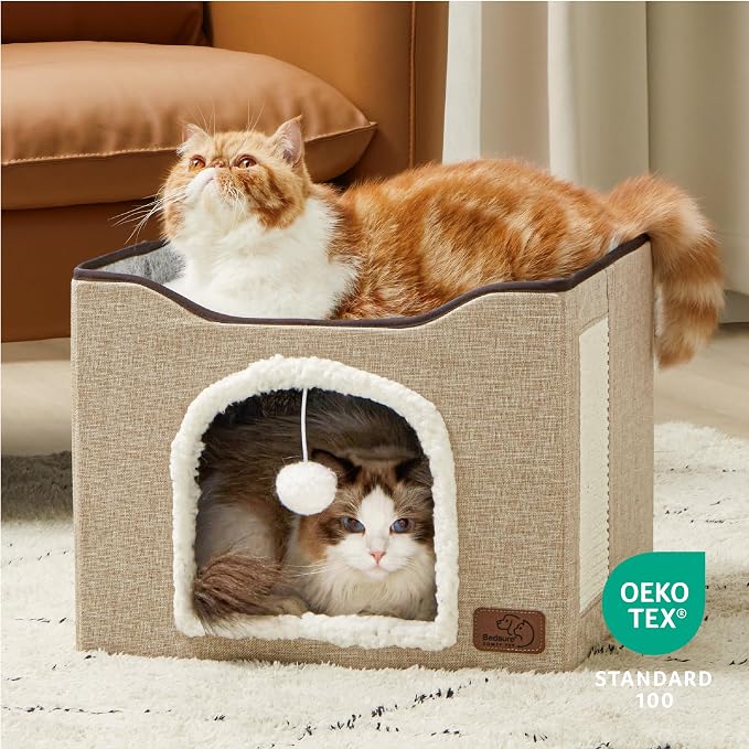 Bedsure Cat House Bed for Indoor Cats with Fluffy Ball and Scratch Pad | Brown,16.5x16.5x13 in,Large Cat Cave for Multiple Pets,Foldable Cat Hideway Cube for Sleeping Kitten - Image 5