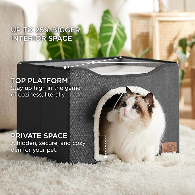 Bedsure Cat House Bed for Indoor Cats with Fluffy Ball and Scratch Pad | Dark Grey 16.5x16.5x13 in,Large Cat Cave for Multiple Pets,Foldable Cat Hideway Cube for Sleeping Kitten - Image 2