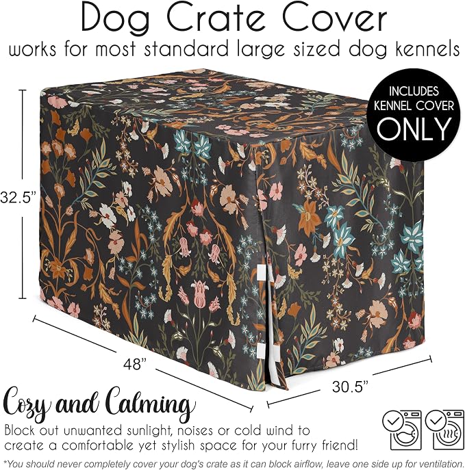 Sweet Jojo Designs 48in. Large Dog Crate Cover (Black Boho Wildflower) for Girls Pet Cage, Kennel Covers (Vintage, Floral, Leaves, Botanical, Paisley, Flower, Bohemian, Farmhouse, Orange, Blue, Teal) - Image 5