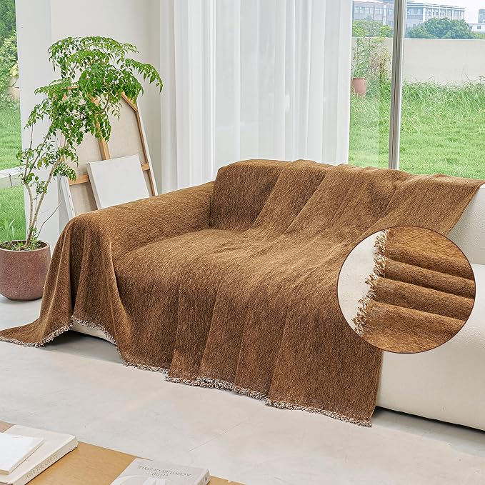 VANJOROY Oversized Couch Sofa Cover for 3-4 Cushion Sectional Sofa L-Shape -Washable Chenille Couch Cover for Dogs Pets, Couch Cover Protector Soft Sofa Slipcovers with Tassel,91"x 150" Brown - Image 7