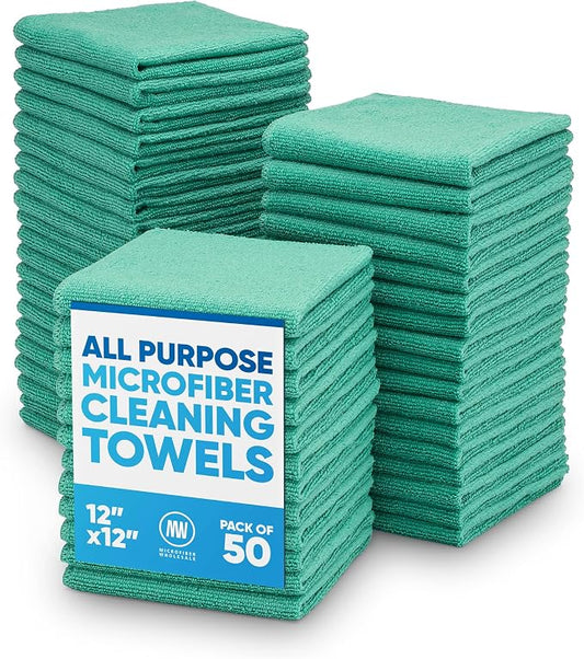 Microfiber Wholesale 12" x 12" Cleaning Cloths (50 Pack) - Reusable Towels, Wash Rags, Dust Cloth, All-Purpose: Kitchen, Dish, Cars, Shop, Glass (Green) by MicrofiberWholesale