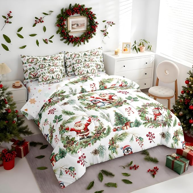 Erosebridal Christmas Santa Claus Bed in A Bag 7 Pcs Cute Penguin Snowman Comforter Set for Women Men Xmas Berry Tree Bedding Sets King Berry Branches Holiday Wreath Sheet Set with Comforter by Erosebridal