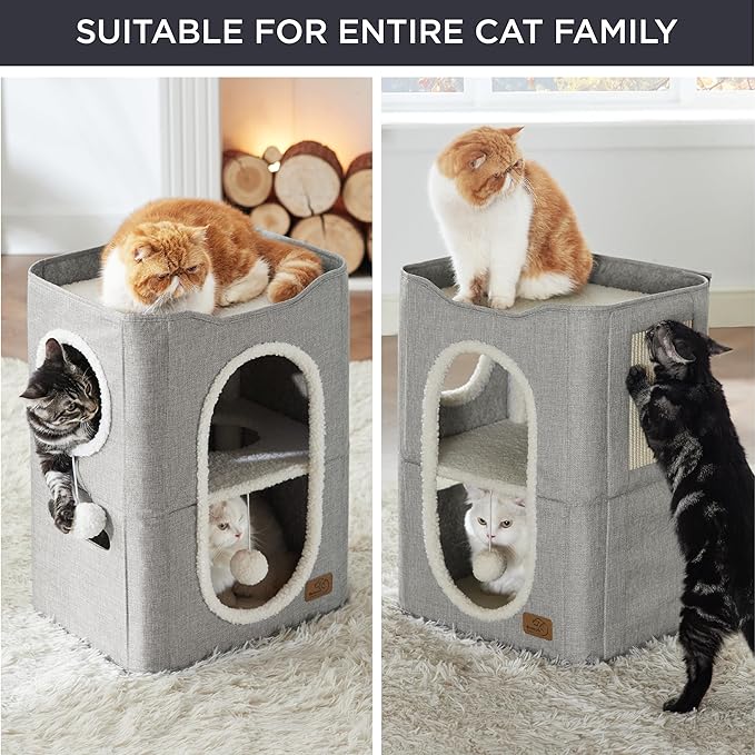Bedsure 2 Story Cat House for Indoor Cats with Scratch Pad,18x14x23 Grey | Cat Bed Condo for Multiple Pets, With Fluffy Ball, Foldable Hideaway Pet Cave Cube for Sleeping Kitten - Image 5