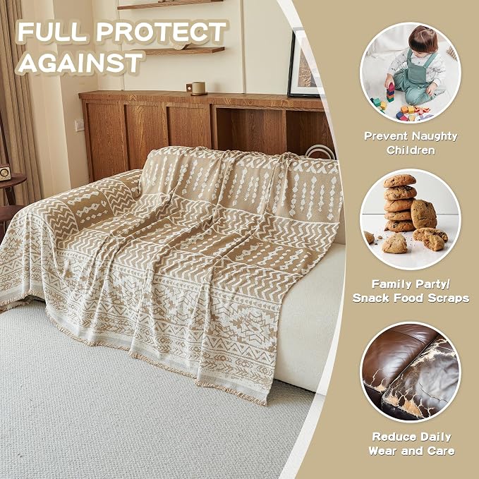 MEETSKY Boho Couch Cover Sofa Slipcover for Sectional Sofa Covers Protector Universal Use Chenille Blend Thick Fabric Washable, Modern Design Sofa Throw Cover for Living Room, 71" x 118", Khaki - Image 4