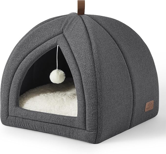 Bedsure 2in1 Cat Beds for Indoor Cats Cave for Kitten with Washable Pillow | 17.3in, Cat House Enclosed, Covered Cat Tent, Foldable Hideaway, Fluffy Ball, Anti Slip Bottom,Removable Cushioned ,Dark Grey by Unknown