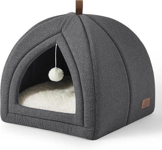 Bedsure 2in1 Cat Beds for Indoor Cats Cave for Kitten with Washable Pillow | 17.3in, Cat House Enclosed, Covered Cat Tent, Foldable Hideaway, Fluffy Ball, Anti Slip Bottom,Removable Cushioned ,Dark Grey by Unknown
