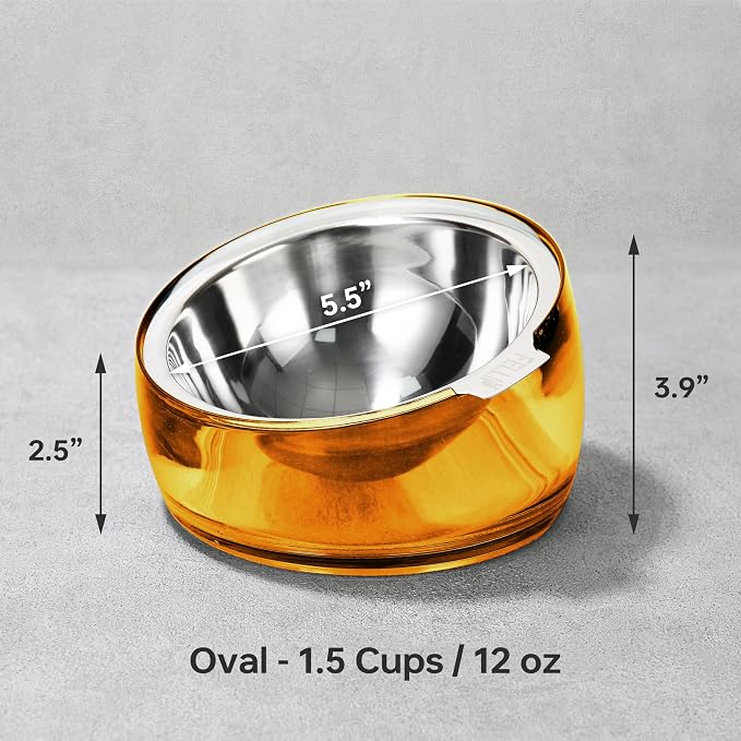 Felli Pet Oblik Acrylic Raised Dog Food Water Bowl Stainless Steel Slanted Oval Dish for Short Leg Puppy & Small Medium Pet, Elevated Tilted Metal Feeder(Gold, 1.5 Cups Oval Dish) - Image 3