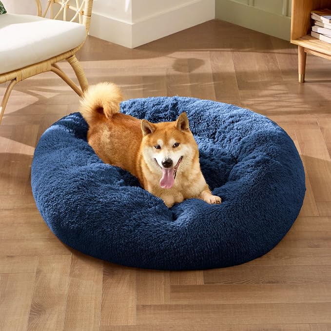 Bedsure Calming Dog Bed Medium Size Dog Donut Washable Pet Bed,30ins Navy | Fluffy Faux Fur Round Cuddler,Machine Washable,Anti-Slip Bottom,Anti-Anxiety,Deep Sleeping for Pets Up to 45 Lbs - Image 4
